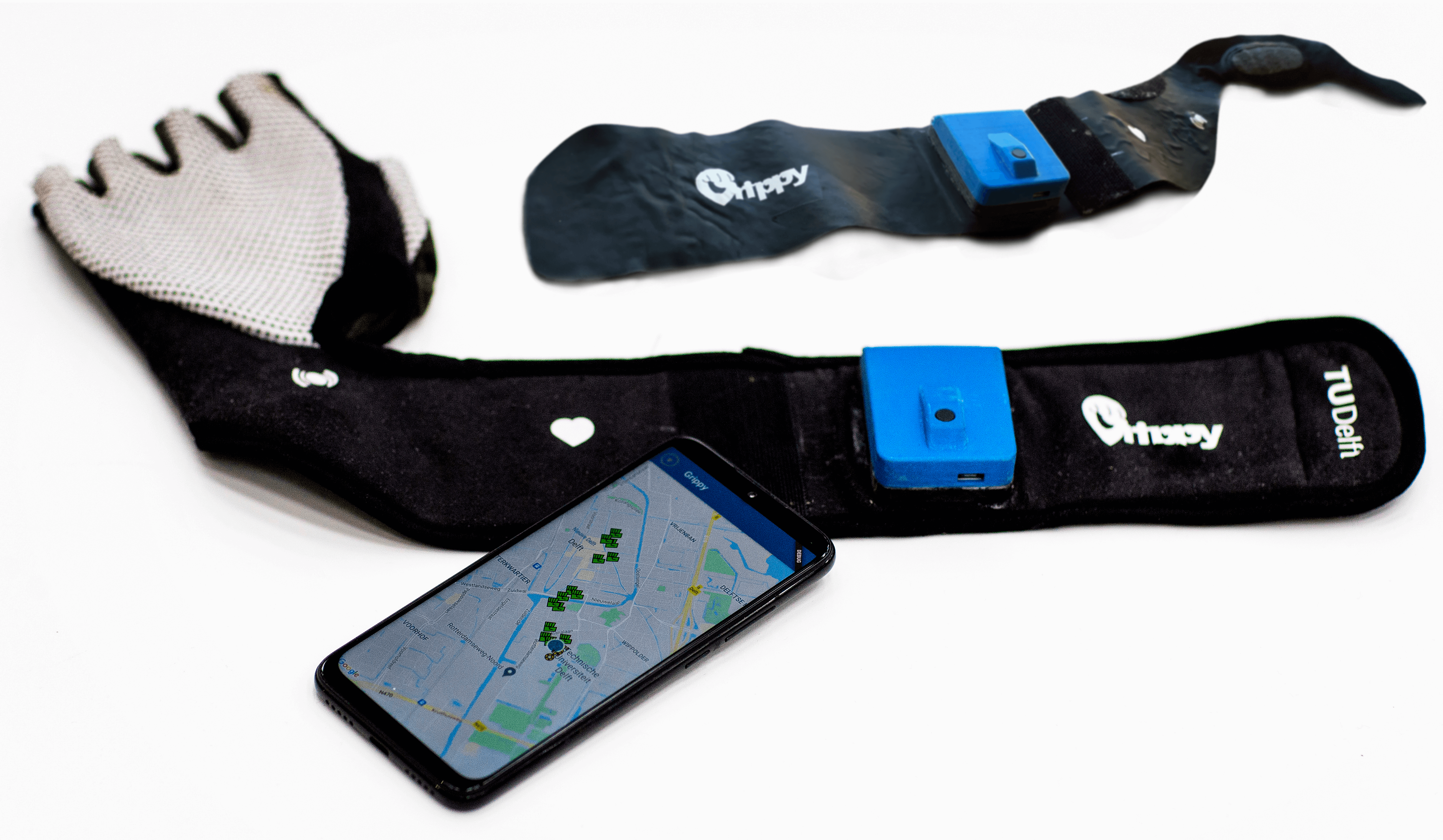The complete set of the sensor glove, the receiver and the smartphone