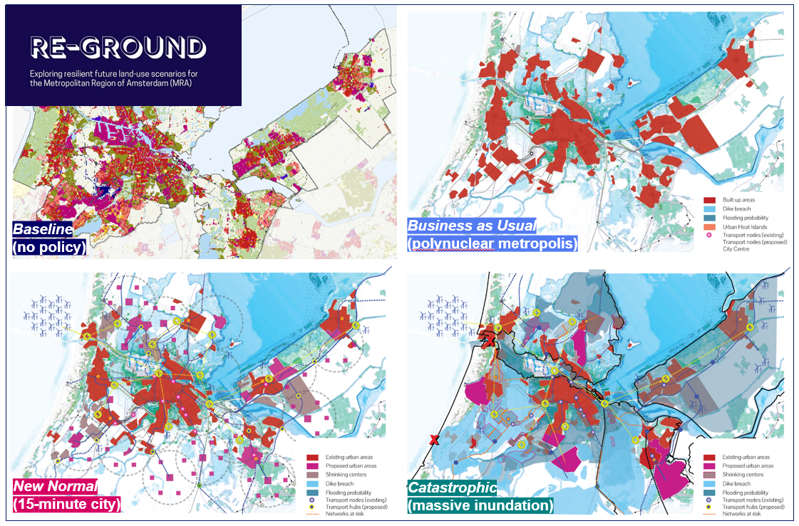 Exploratory scenarios for the Metropolitan Region of Amsterdam co-created during an Experts’ Consultation titled: "Re-Ground: Exploring Resilient Land-use Scenarios for the MRA." (Copyright: Supriya Krishnan)