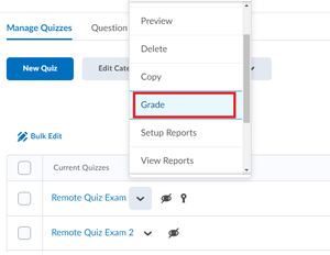 in the dropdown menu next to your quiz, you can click "grade"