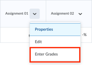 Find "Enter Grades" in the dropdown menu when clicking on the arrow next to the assignment